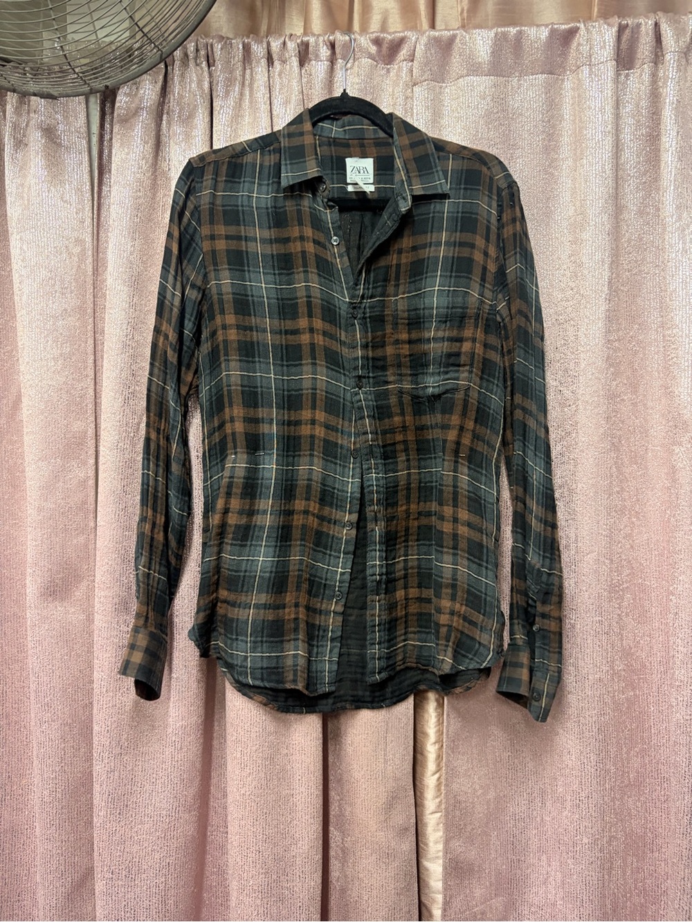 Zara Brown and Black Plaid Long-Sleeve Button-Down Shirt